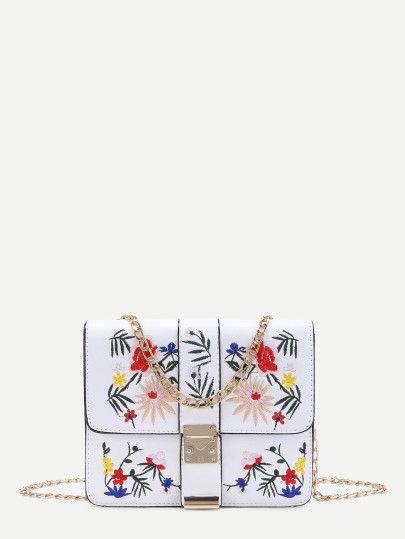 Flower Embroidery Flap Chain Crossbody Bag
