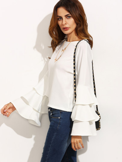 Blusa escote redondo volantes manga larga - blanco