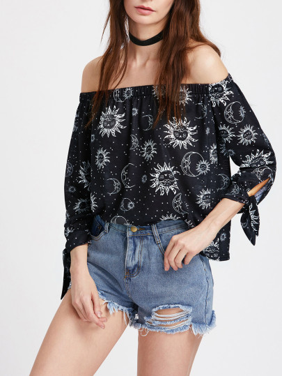 Bardot Sun And Moon Print Tie Sleeve Top