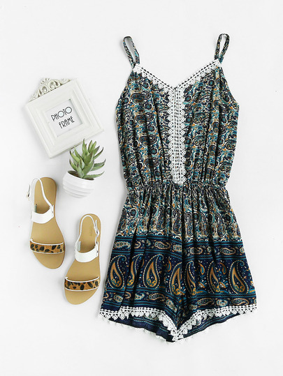 Paisley Print Contrast Lace Trim Romper