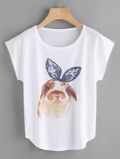 T-shirt con maniche ad aletta e stampa di coniglio