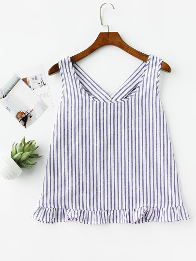 Bow Back Ruffle Trim Striped Pinafore Top