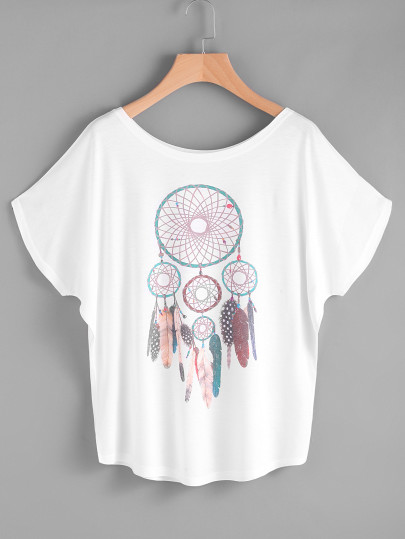 Tee-shirt manche reglan imprimé des plumes