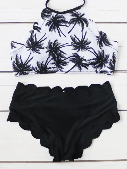 Maillot de bain ras de cou imprimé des palmes festonné découpé