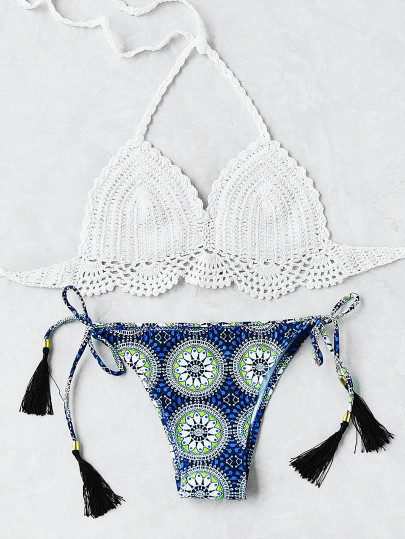 Ensemble de bikini à crochet à imprimé graphique Tassel Tie