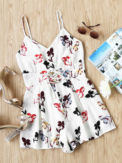 Cami Straps Lace Up Corset Floral Playsuit