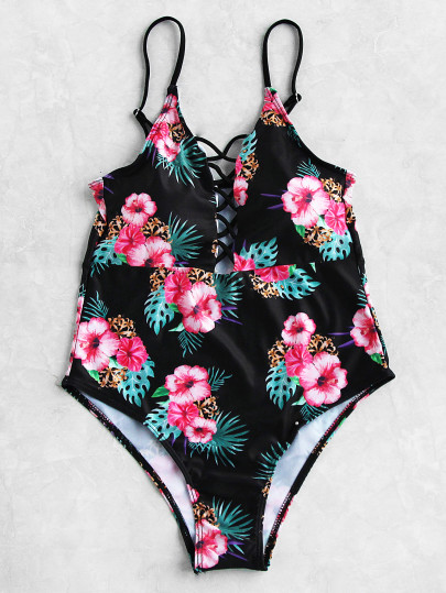 Calico Print Criss Cross Front Swimsuit