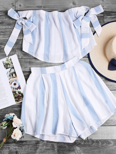 Sash Tie Sleeve Striped Bardot Top With Shorts