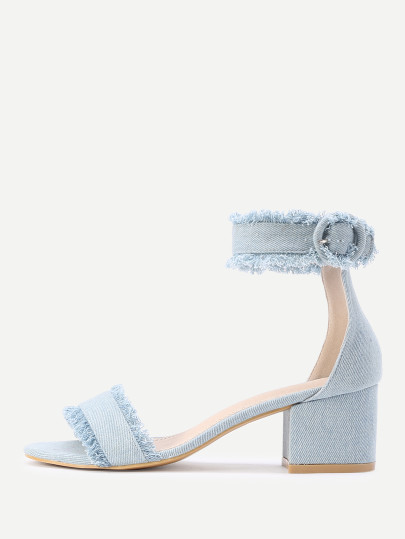 Raw Trim Block Heeled Denim Sandals