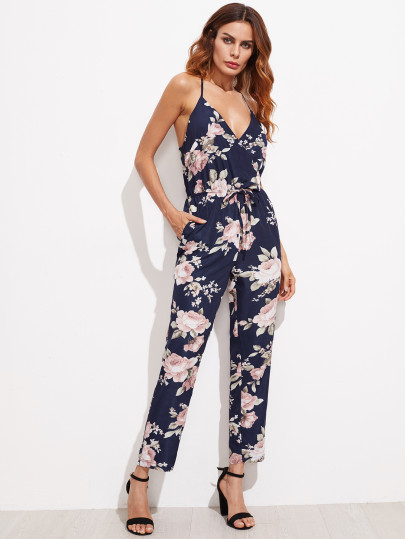 Wrap V Neckline Floral Print Crisscross Drawstring Jumpsuit