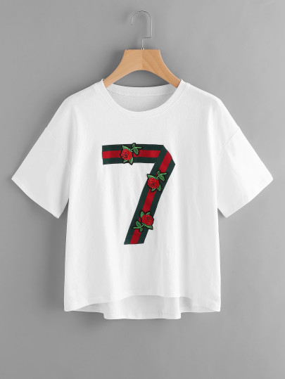 T-shirt con applique di rosa e 7 ricamato