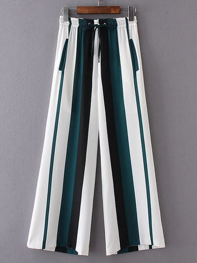 Pantalones de pierna de color combinado de cintura con cordón