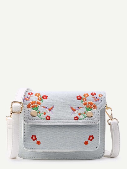 Flower And Bird Embroidery Denim Shoulder Bag
