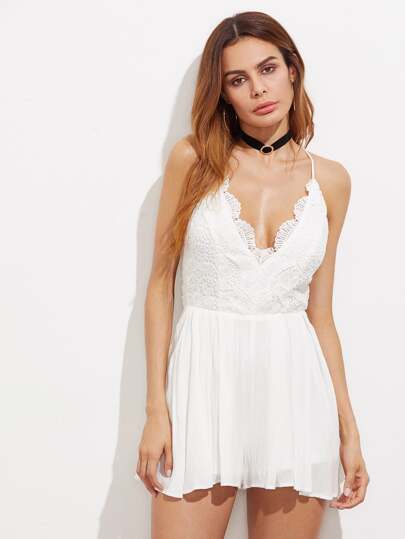 Scalloped Lace Bodice Wide Leg Cami Romper