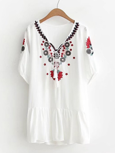 Flower Embroidery Ruffle Hem Tassel Tie Dress