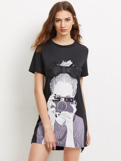 Girl Print Bow Detailed Dip Hem Dress