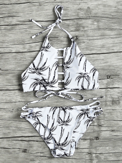 Sets de bikini de espalda abierta con abertura con estampado de palmera