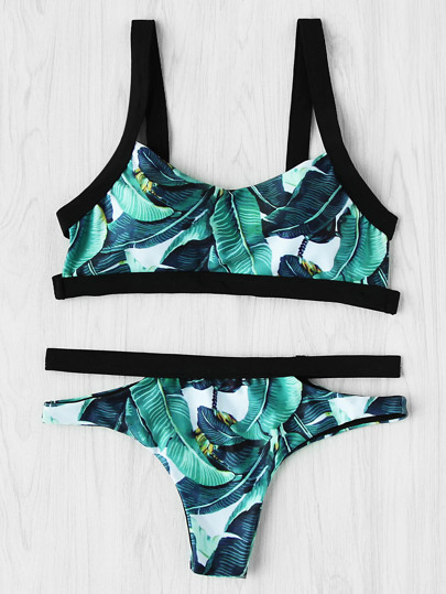 Ensemble de Bikini contrasté découpé imprimé des palmes