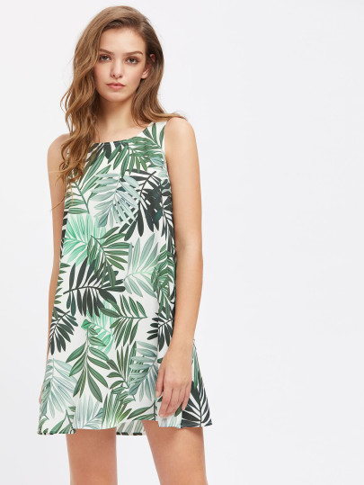 Robe imprimée des feuilles avec un lacet et un trou