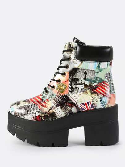 Multi Print Lace Up Booties MULTI