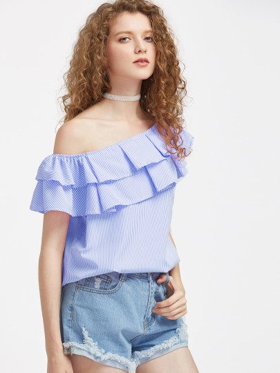 Asymmetrical Off Shoulder Pinstripe Layered Frill Trim Top