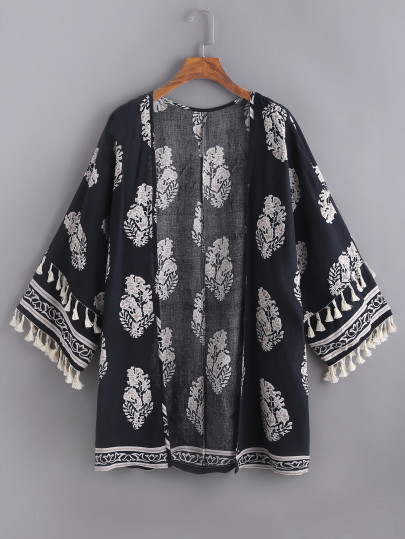 Kimono imprimé des feuilles découpé avec des franges