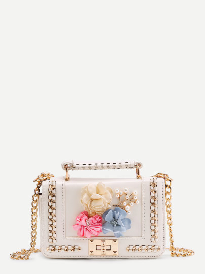 Random Color Flower Embellished Chain Bag With Handle