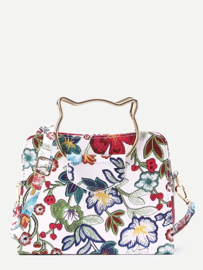 Flower Embroidery Shoulder Bag With Cat Ear Handle
