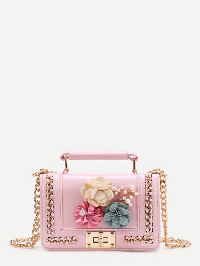 Random Color Flower Embellished Chain Bag With Handle