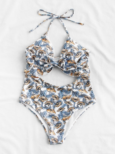 Calico Print Cutout Front Halter Swimsuit