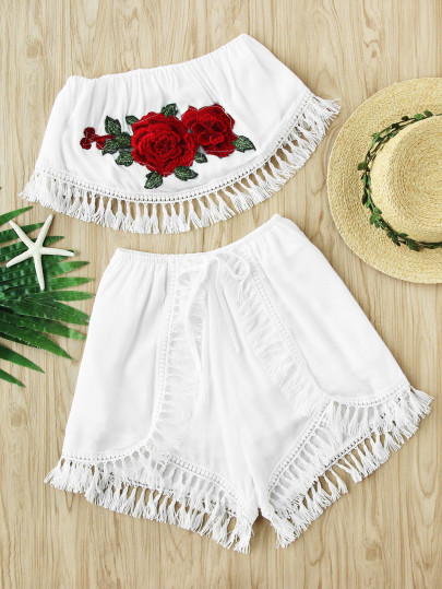 Embroidered Appliques Crochet Tassel Trim Top With Shorts