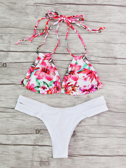 Set di bikini allacciato al collo con stampa di calicò