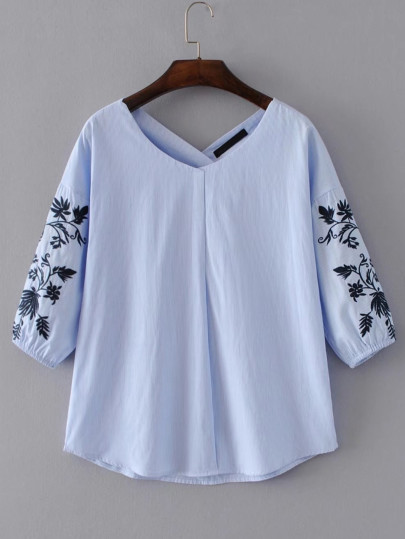 Drop Shoulder Seam Pinstripe Embroidery Blouse