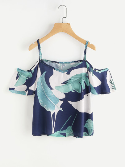 Banana Leaf Print Cold Shoulder Top