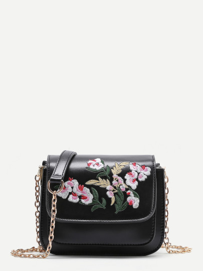 Flower Embroidery PU Flap Bag
