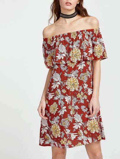 Vestido con estampado de flor de hombros al aire con volantes - rojo