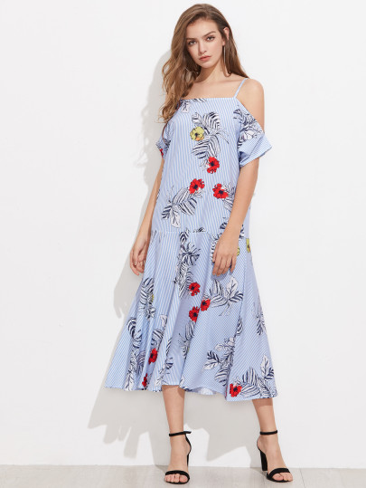 Vertical Striped Jungle Print Frill Hem Dress
