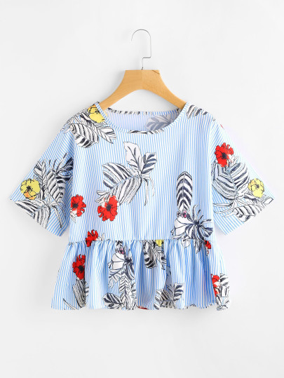 Vertical Striped Jungle Print Frill Hem Blouse