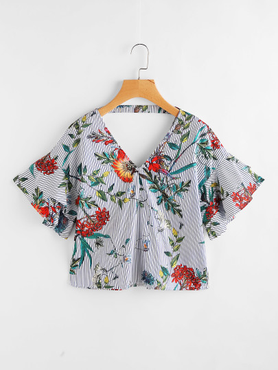 Vertical Striped Jungle Print Double V-neckline Blouse