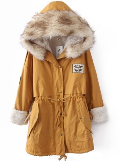Mantel mit Pelz-Kapuze und Fleece-Innenseite, gelb