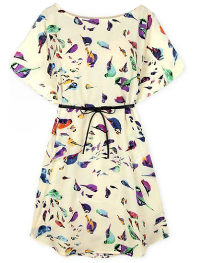 Batwing Short Sleeve Birds Print Shift Dress
