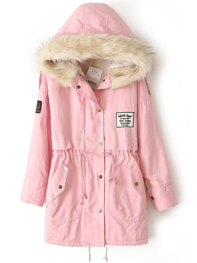 Faux Fur Hooded Zipper Embellished Fleece Inside Military Coat