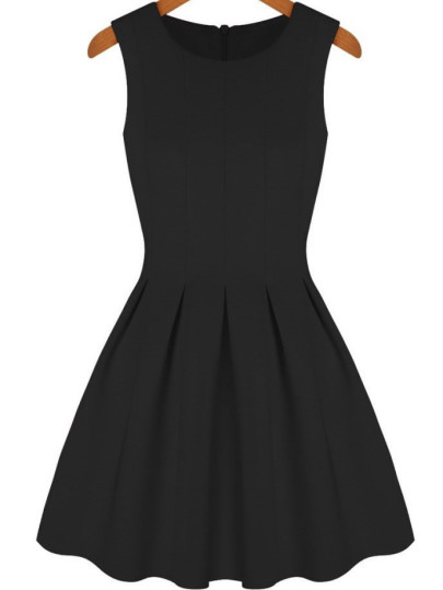 Black Round Neck Sleeveless Pleated Flare Dress