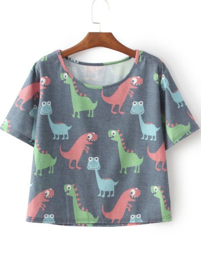 Camiseta dinosaurio Cartoon manga corta-gris