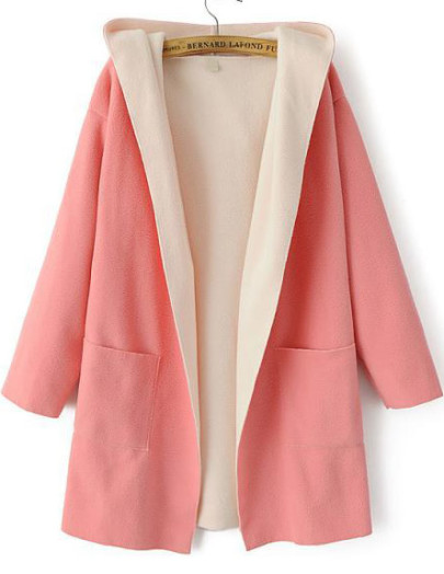 Pink Hooded Long Sleeve Pockets Woolen Coat