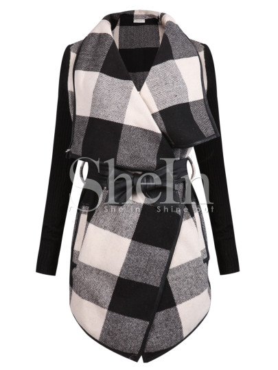 Check Plaid Contrast Ribbed Sleeve Belt Coat