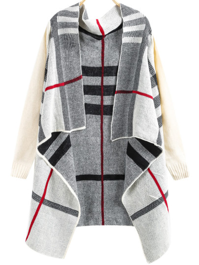 Open Front Plaid Knit Cardigan