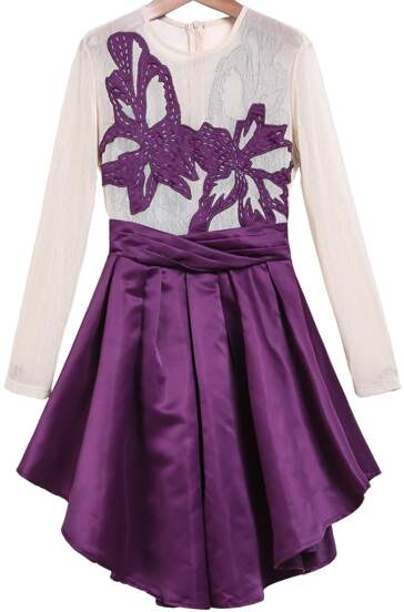 Purple Long Sleeve Embroidery Zipper Pleated Dress