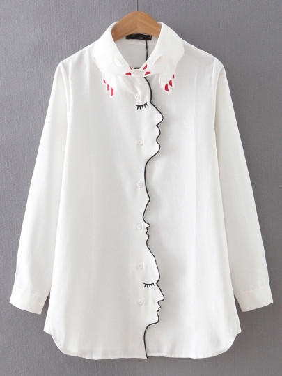 chemisier brodé col design -blanc