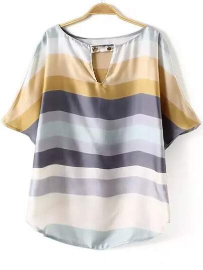 Multicolor V Neck Striped Loose Blouse